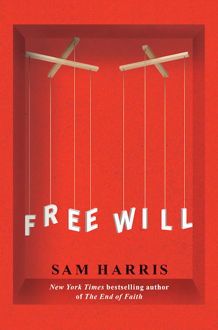 Cover of the book with a red background and inside a sort of box, the words Free Will appear, handled like puppets